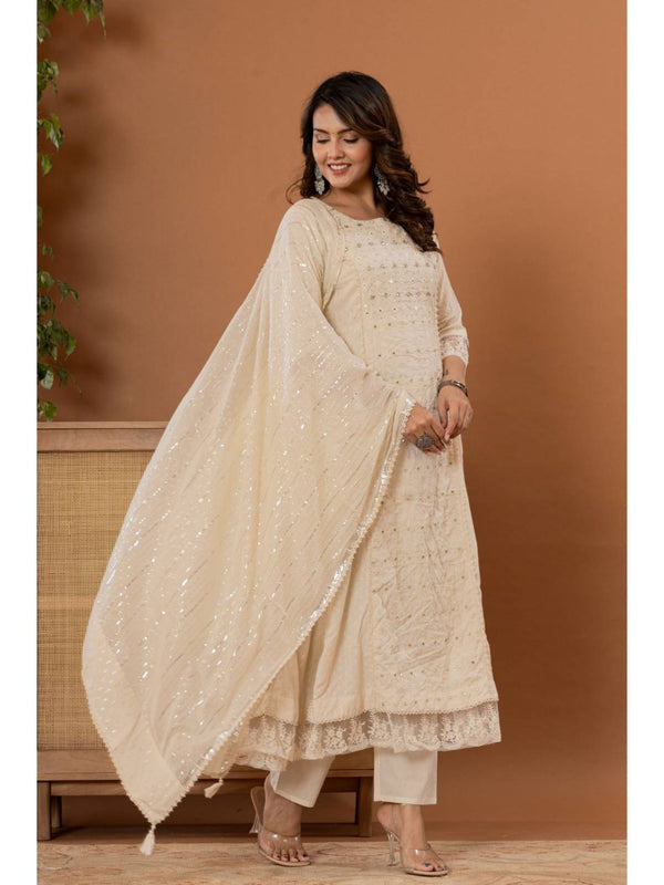 Off White Mirror Thread Work Anarkali Kurta with Pant & Dupatta (Set of 3)