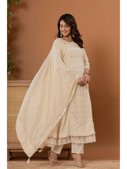 Off White Mirror Thread Work Anarkali Kurta with Pant & Dupatta (Set of 3)