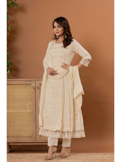 Off White Mirror Thread Work Anarkali Kurta with Pant & Dupatta (Set of 3)