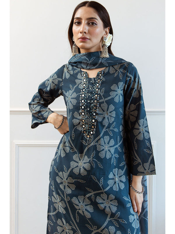 Teal Modal Floral Print Kurta with Pant and Dupatta (Set of 3)
