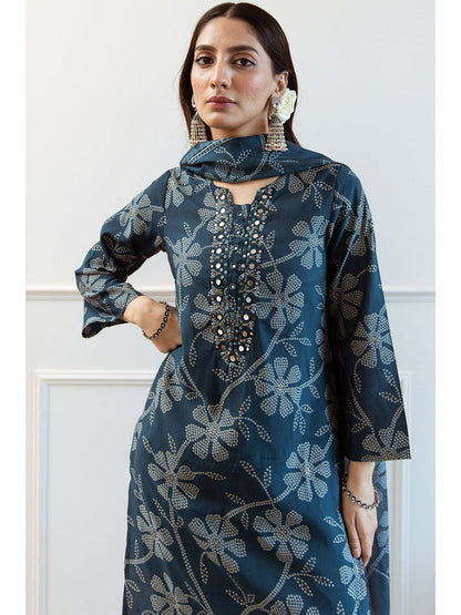 Teal Modal Floral Print Kurta with Pant and Dupatta (Set of 3)