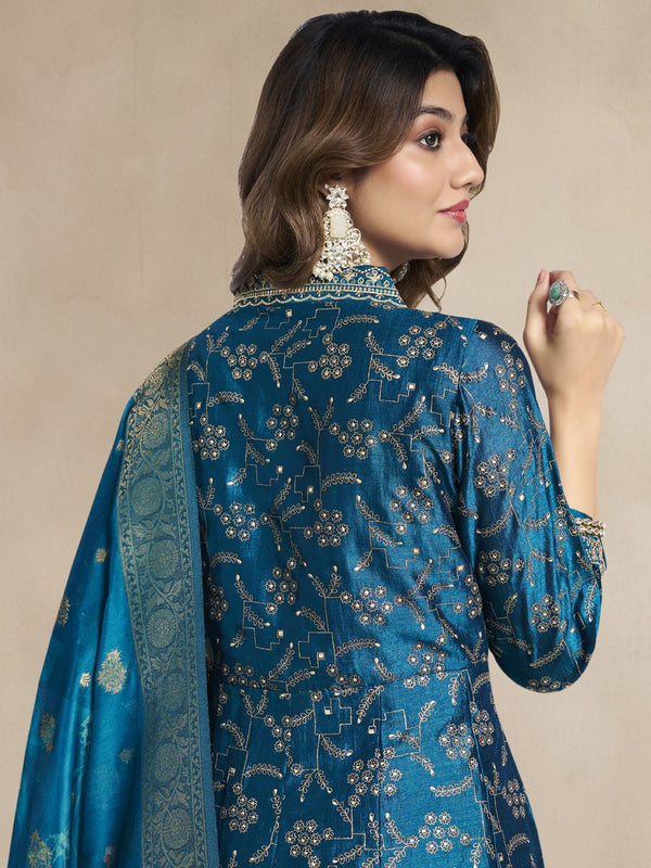 Blue Floral Embroidered V-Neck Anarkali Kurta With Trousers & Dupatta