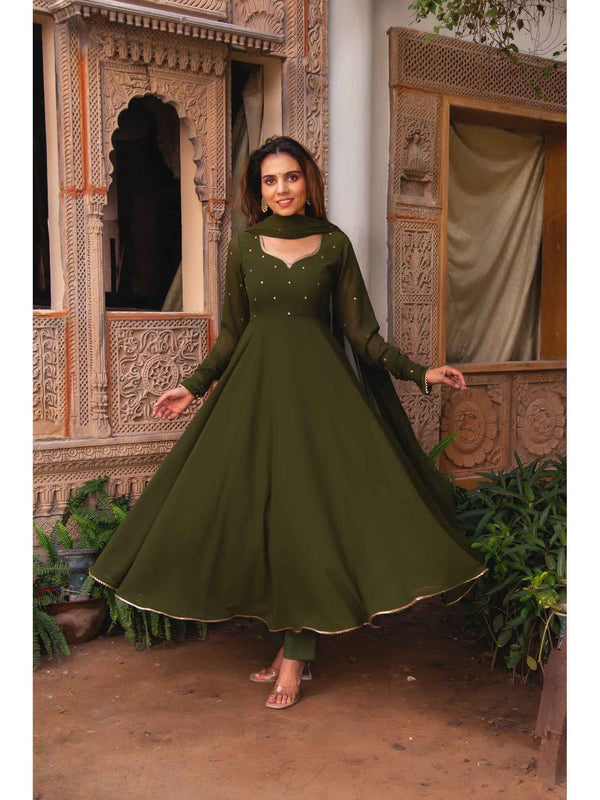Olive Devaki Anarkali with Pant and Dupatta (Set of 3)