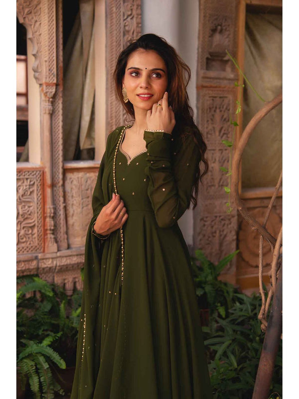 Olive Devaki Anarkali with Pant and Dupatta (Set of 3)