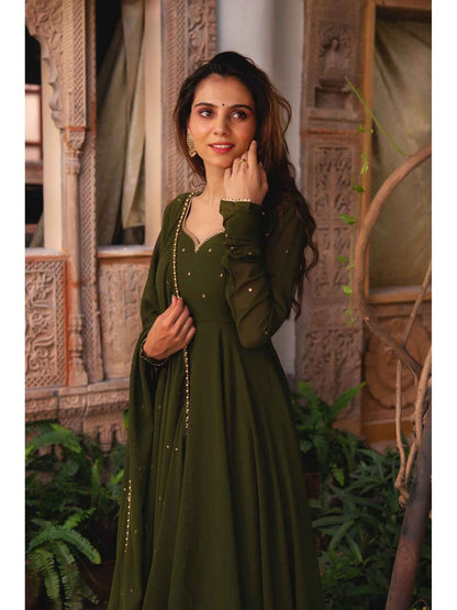 Olive Devaki Anarkali with Pant and Dupatta (Set of 3)