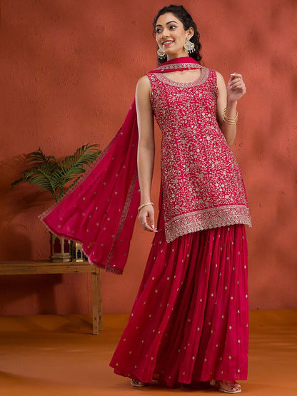 Rani Pink Silver Zari Work Georgette Readymade Kurta with Sharara & Dupatta (Set of 3)