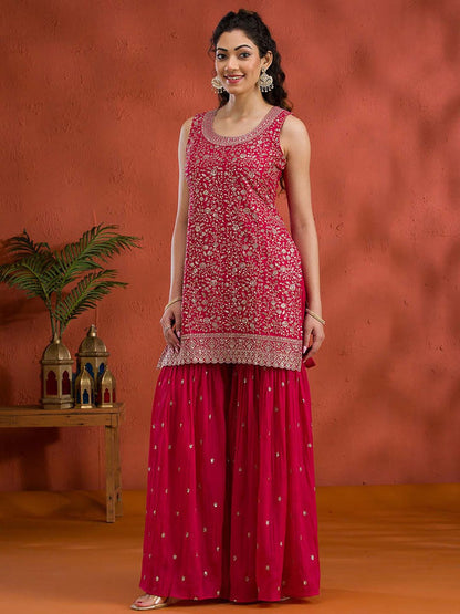 Rani Pink Silver Zari Work Georgette Readymade Kurta with Sharara & Dupatta (Set of 3)