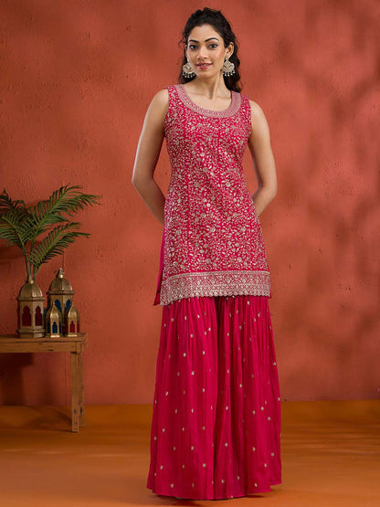 Rani Pink Silver Zari Work Georgette Readymade Kurta with Sharara & Dupatta (Set of 3)