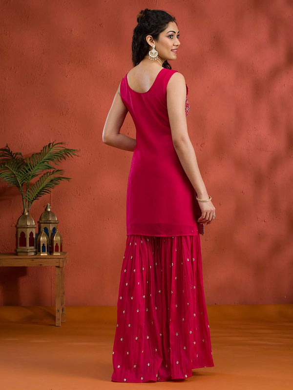 Rani Pink Silver Zari Work Georgette Readymade Kurta with Sharara & Dupatta (Set of 3)