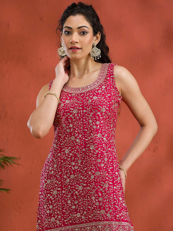 Rani Pink Silver Zari Work Georgette Readymade Kurta with Sharara & Dupatta (Set of 3)