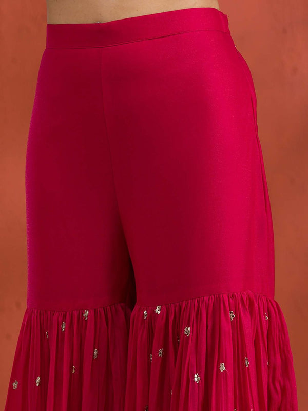 Rani Pink Silver Zari Work Georgette Readymade Kurta with Sharara & Dupatta (Set of 3)