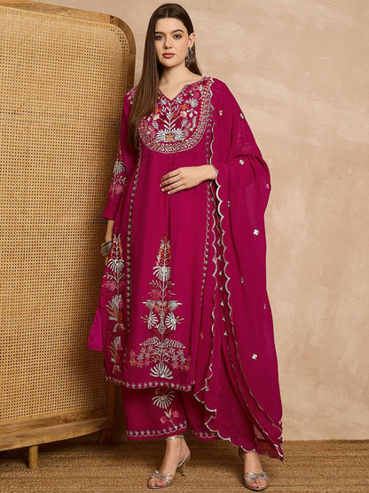 Women Floral Embroidered Regular Thread Work Kurta with Palazzos & With Dupatta