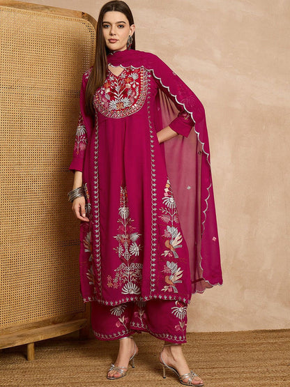 Women Floral Embroidered Regular Thread Work Kurta with Palazzos & With Dupatta