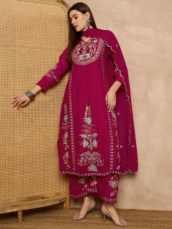 Women Floral Embroidered Regular Thread Work Kurta with Palazzos & With Dupatta