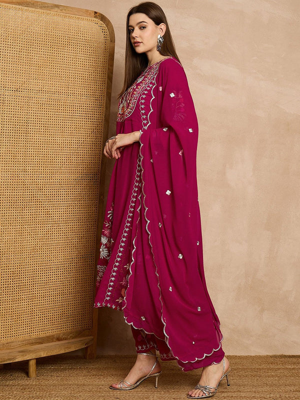 Women Floral Embroidered Regular Thread Work Kurta with Palazzos & With Dupatta