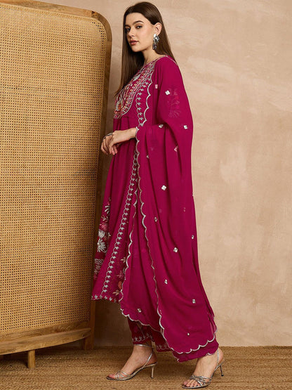 Women Floral Embroidered Regular Thread Work Kurta with Palazzos & With Dupatta