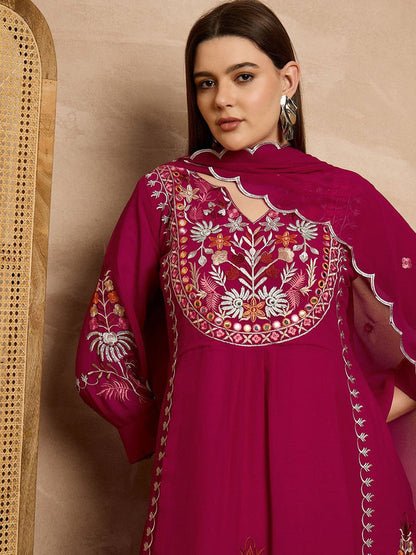 Women Floral Embroidered Regular Thread Work Kurta with Palazzos & With Dupatta