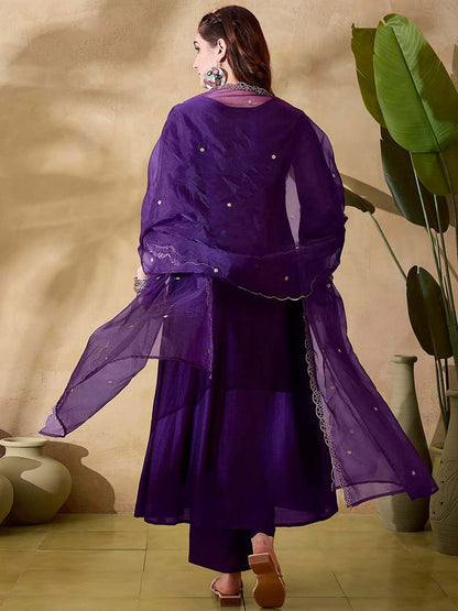 Women Purple Silk Blend Embroidered Kurta with Pant and Dupatta (Set of 3)