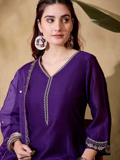 Women Purple Silk Blend Embroidered Kurta with Pant and Dupatta (Set of 3)