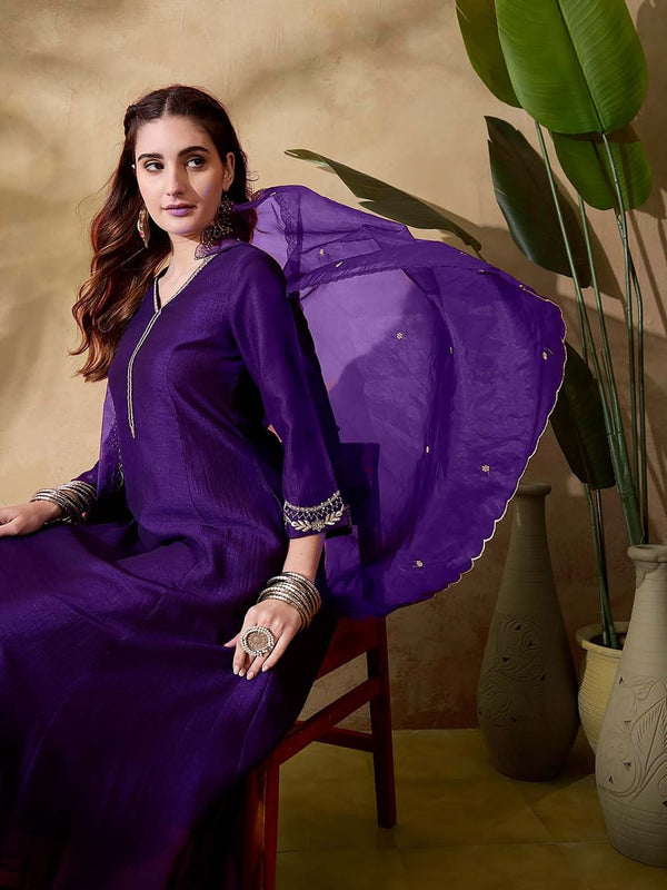 Women Purple Silk Blend Embroidered Kurta with Pant and Dupatta (Set of 3)