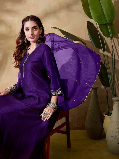 Women Purple Silk Blend Embroidered Kurta with Pant and Dupatta (Set of 3)