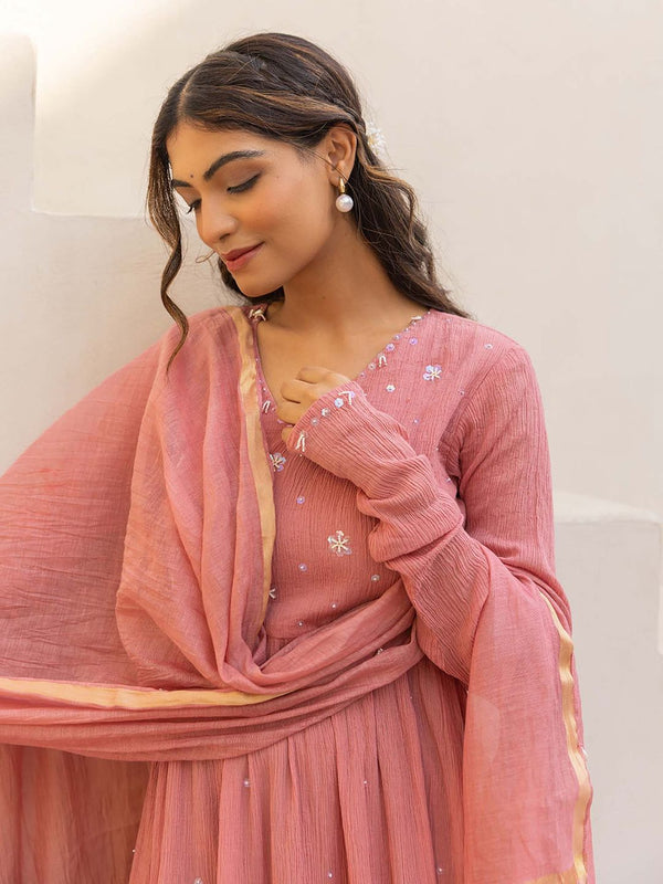 Gulabo Pink Anarkali Kurta with Pant and Dupatta (Set of 3)