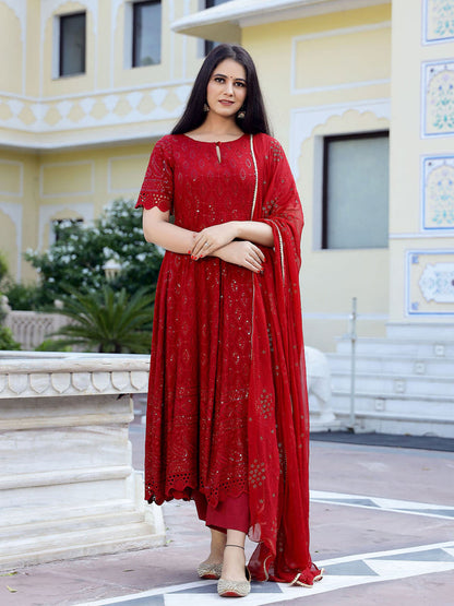 Maroon Chikankari Embroidery Anarkali kurta, Pant (Set of 3)