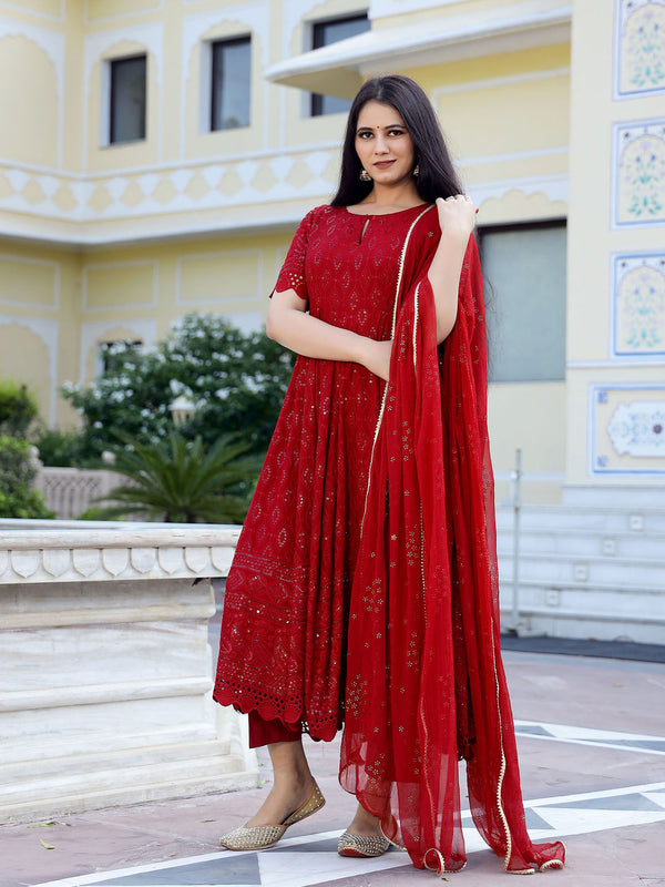 Maroon Chikankari Embroidery Anarkali kurta, Pant (Set of 3)