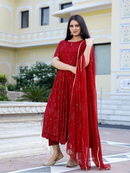Maroon Chikankari Embroidery Anarkali kurta, Pant (Set of 3)