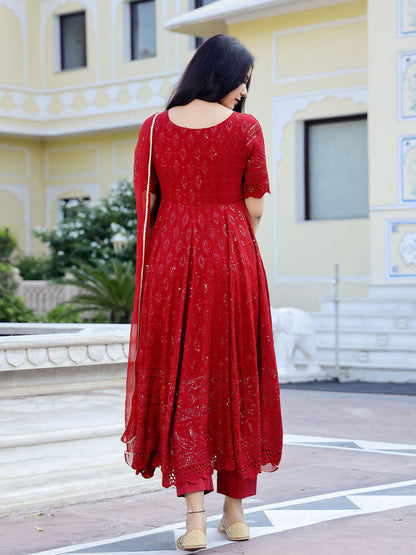 Maroon Chikankari Embroidery Anarkali kurta, Pant (Set of 3)