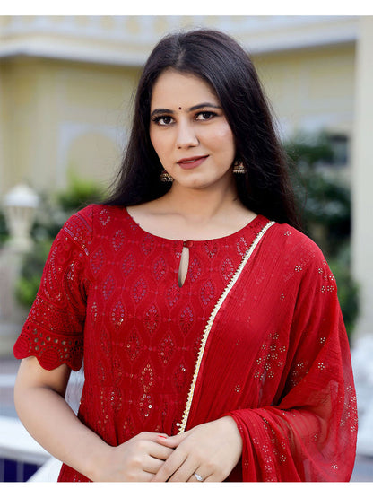 Maroon Chikankari Embroidery Anarkali kurta, Pant (Set of 3)