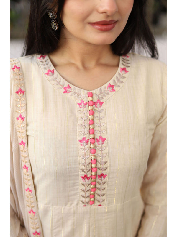 Cream Silk Blend Embroidered Kurta (Set of 3)