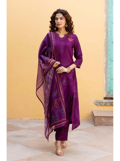 Women Purple Embellished Kurta with Pant and Dupatta (Set of 3)