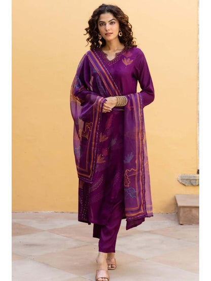 Women Purple Embellished Kurta with Pant and Dupatta (Set of 3)