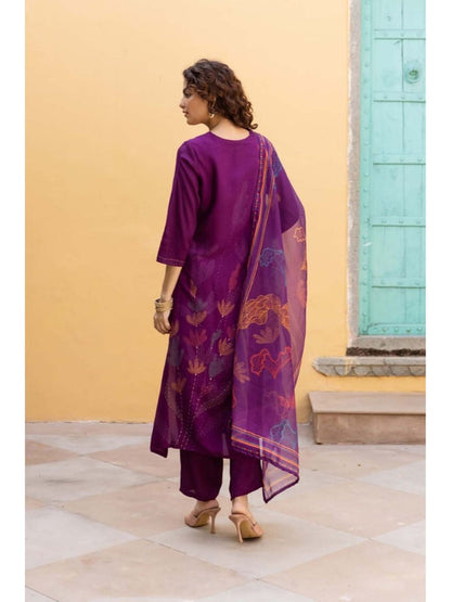 Women Purple Embellished Kurta with Pant and Dupatta (Set of 3)