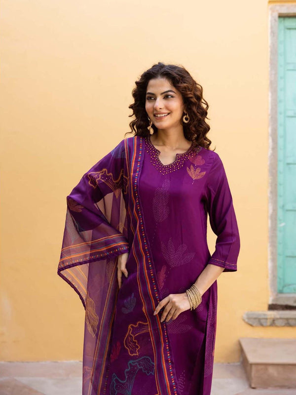 Women Purple Embellished Kurta with Pant and Dupatta (Set of 3)
