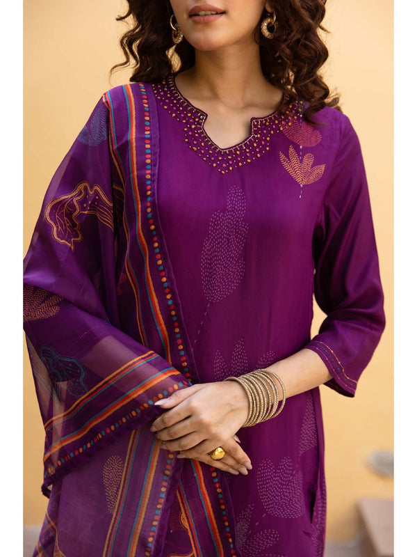 Women Purple Embellished Kurta with Pant and Dupatta (Set of 3)