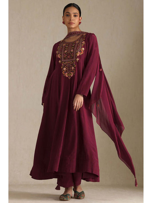 Women Wine Embroidered Anarkali Kurta with Pant and Dupatta (Set of 3)