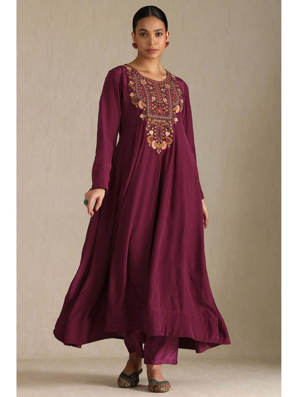 Women Wine Embroidered Anarkali Kurta with Pant and Dupatta (Set of 3)