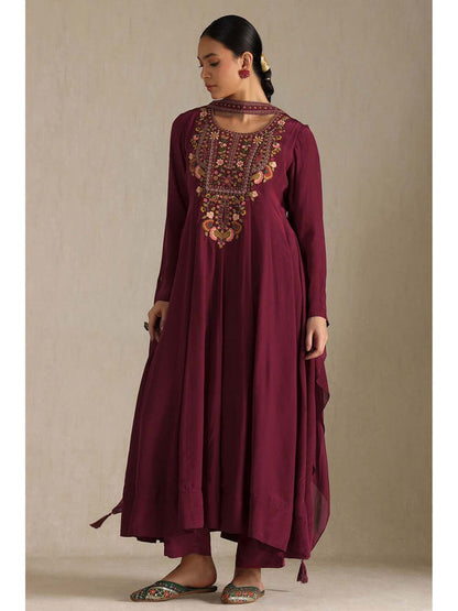 Women Wine Embroidered Anarkali Kurta with Pant and Dupatta (Set of 3)