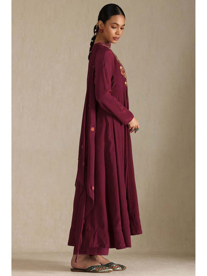 Women Wine Embroidered Anarkali Kurta with Pant and Dupatta (Set of 3)