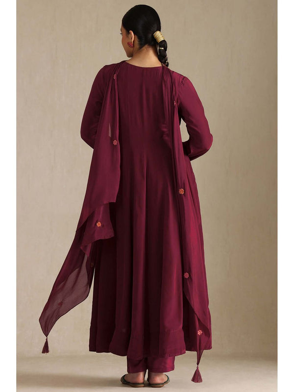 Women Wine Embroidered Anarkali Kurta with Pant and Dupatta (Set of 3)