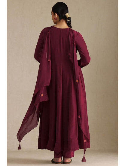 Women Wine Embroidered Anarkali Kurta with Pant and Dupatta (Set of 3)