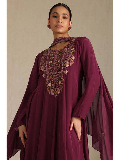 Women Wine Embroidered Anarkali Kurta with Pant and Dupatta (Set of 3)
