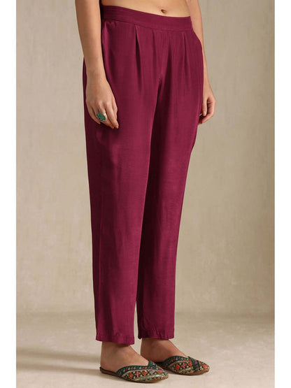 Women Wine Embroidered Anarkali Kurta with Pant and Dupatta (Set of 3)