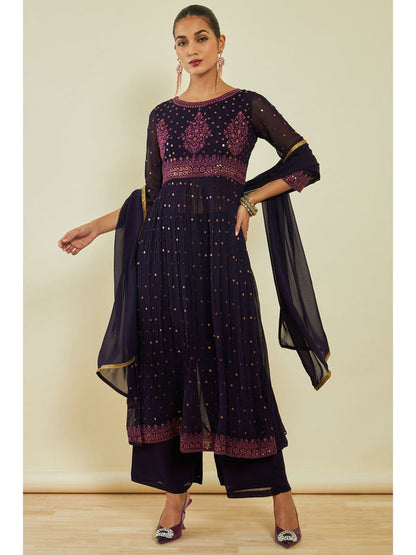 Womens Blue Georgette Sequins Kurta with Palazzo and Dupatta (Set of 3)