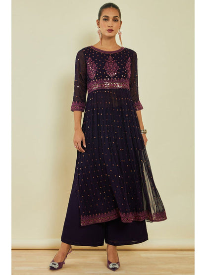 Womens Blue Georgette Sequins Kurta with Palazzo and Dupatta (Set of 3)