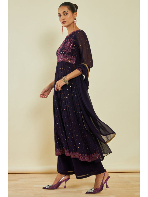 Womens Blue Georgette Sequins Kurta with Palazzo and Dupatta (Set of 3)