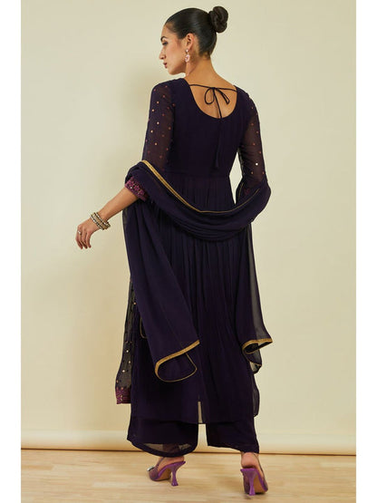 Womens Blue Georgette Sequins Kurta with Palazzo and Dupatta (Set of 3)