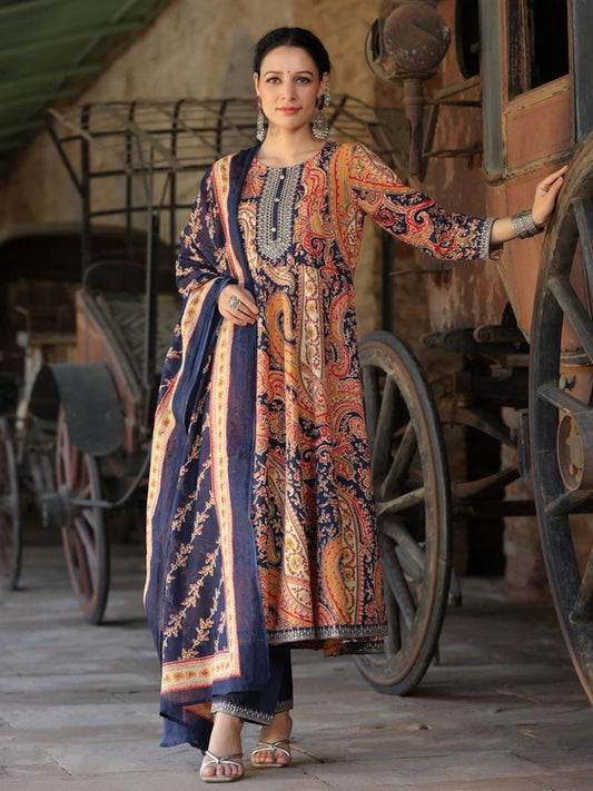 Blue Paisley Printed Kurta with Trousers & Dupatta (Set of 2)